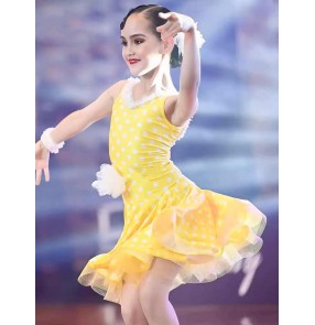 Girls kids yellow polka dot ballroom latin dance dresses for girls kids white lace flower ballroom salsa competition dancing wear for kids